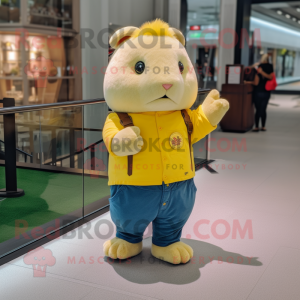Lemon Yellow Guinea Pig mascot costume character dressed with a Flare Jeans and Watches