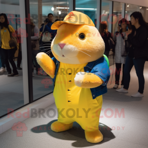 Lemon Yellow Guinea Pig mascot costume character dressed with a Flare Jeans and Watches