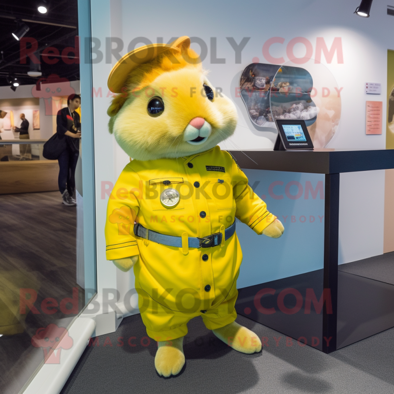 Lemon Yellow Guinea Pig mascot costume character dressed with a Flare Jeans and Watches