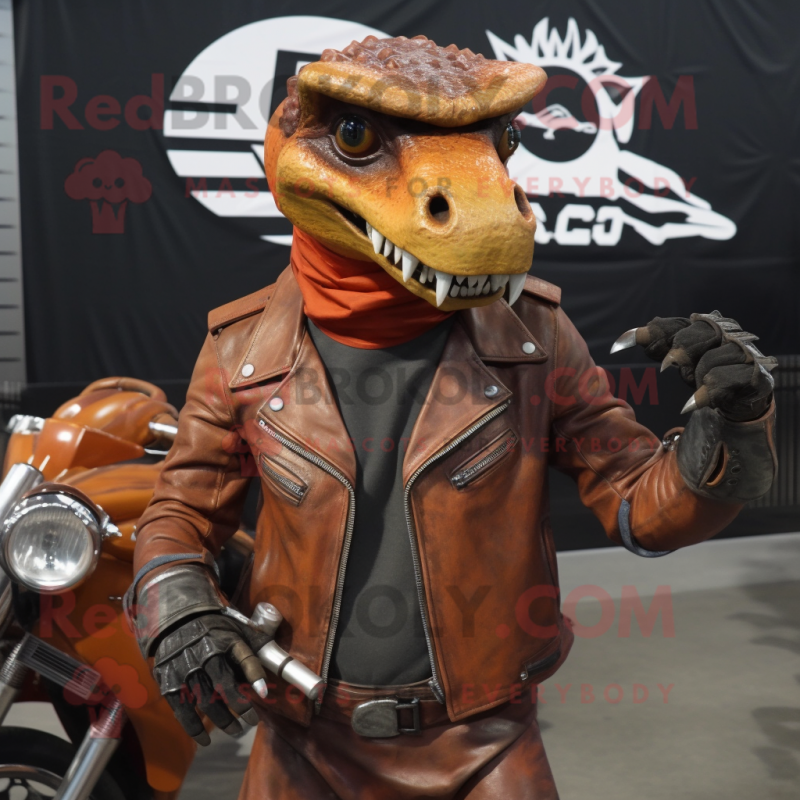 Rust Iguanodon mascot costume character dressed with a Moto Jacket and Bracelets