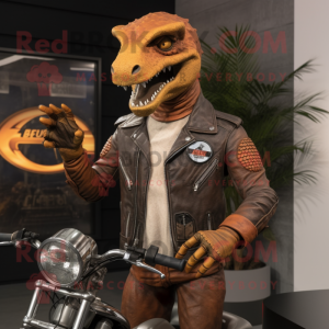 Rust Iguanodon mascot costume character dressed with a Moto Jacket and Bracelets