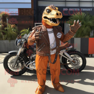 Rust Iguanodon mascot costume character dressed with a Moto Jacket and Bracelets