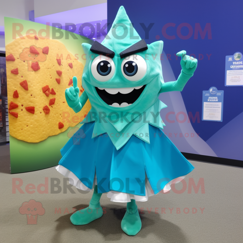 Cyan Nachos mascot costume character dressed with a Mini Dress and Shoe clips Cyan Nachos mascot costume character dressed with a Mini Dress and Shoe clips
