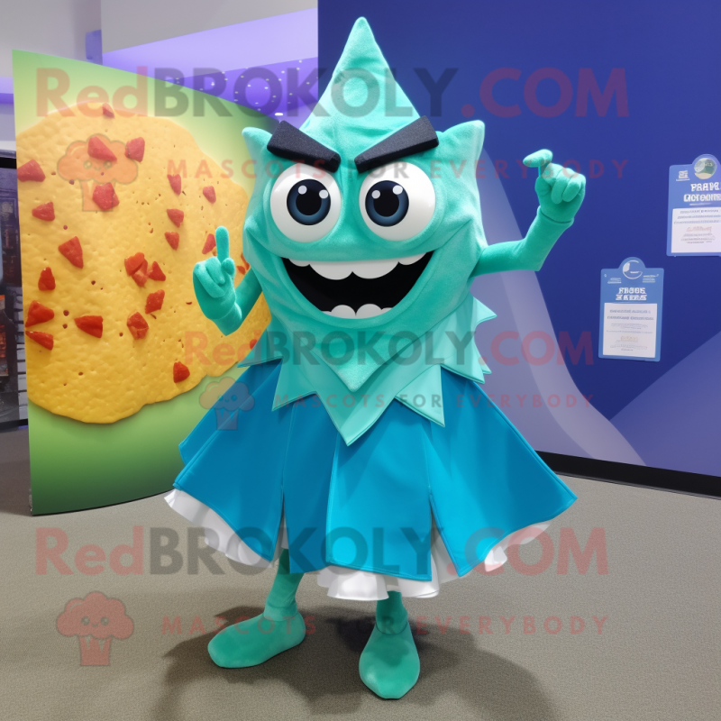 Cyan Nachos mascot costume character dressed with a Mini Dress and Shoe clips