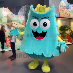 Cyan Nachos mascot costume character dressed with a Mini Dress and Shoe clips