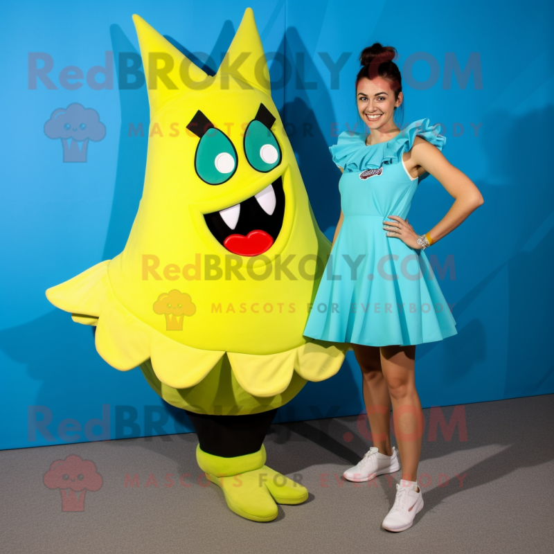 Cyan Nachos mascot costume character dressed with a Mini Dress and Shoe clips Cyan Nachos mascot costume character dressed with a Mini Dress and Shoe clips