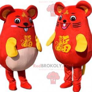 2 mascottes de souris jaunes et rouges, couple de souris -