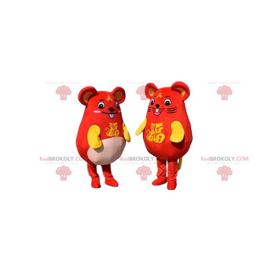 2 mascots of yellow and red mice, couple of mice -