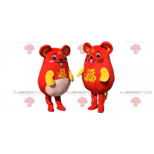 2 mascotes de ratos amarelos e vermelhos, casal de ratos -