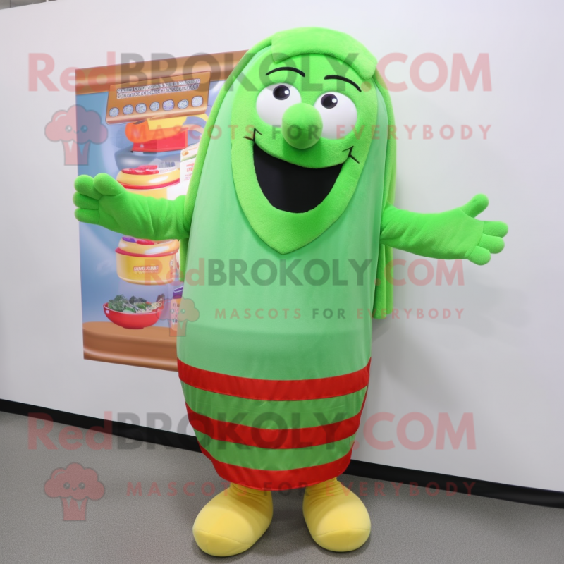 Green Hot Dog mascot costume character dressed with a Cardigan and Hair clips Green Hot Dog mascot costume character dressed with a Cardigan and Hair clips