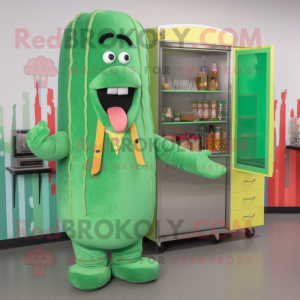 Green Hot Dog mascot costume character dressed with a Cardigan and Hair clips