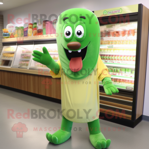 Green Hot Dog mascot costume character dressed with a Cardigan and Hair clips