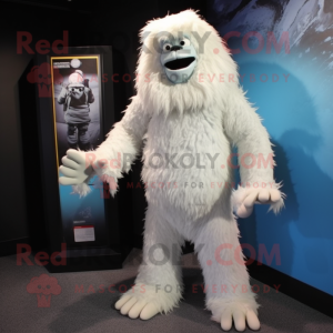 White Yeti mascot costume character dressed with a Rash Guard and Shoe laces