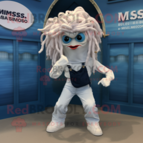 White Medusa mascot costume character dressed with a Denim Shorts and Suspenders