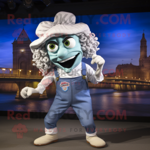 White Medusa mascot costume character dressed with a Denim Shorts and Suspenders
