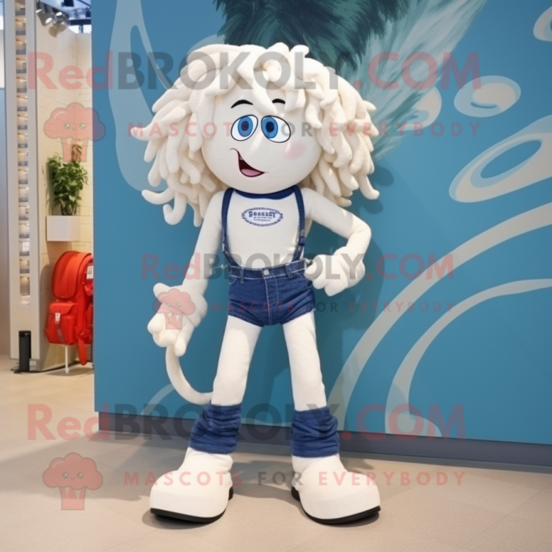 White Medusa mascot costume character dressed with a Denim Shorts and Suspenders