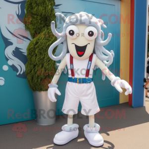 White Medusa mascot costume character dressed with a Denim Shorts and Suspenders