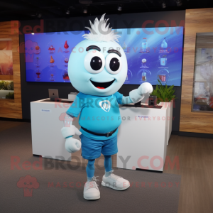 Sky Blue Onion mascot costume character dressed with a Cargo Shorts and Smartwatches