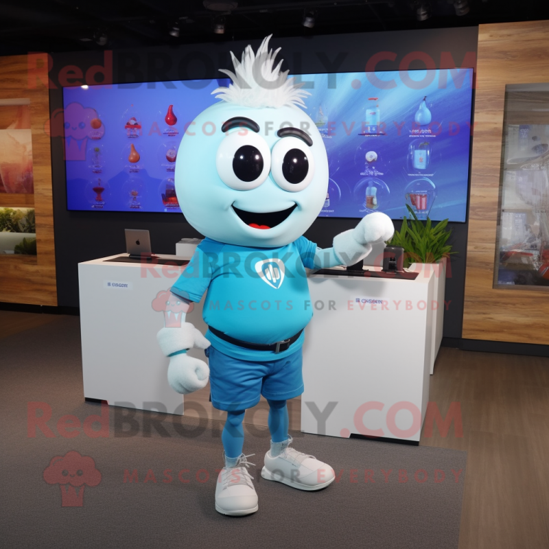 Sky Blue Onion mascot costume character dressed with a Cargo Shorts and Smartwatches