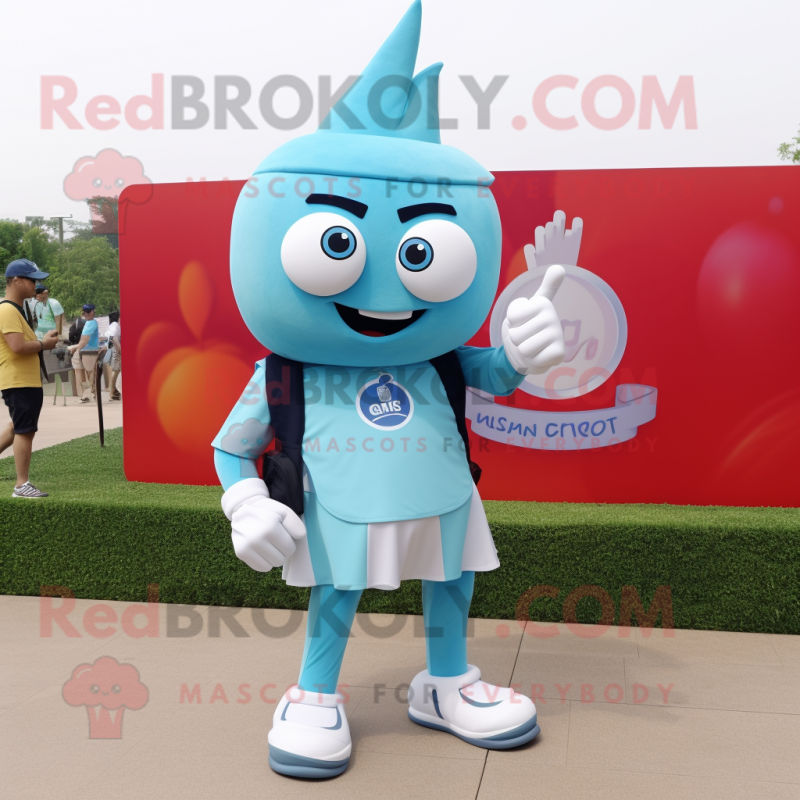 Sky Blue Onion mascot costume character dressed with a Cargo Shorts and Smartwatches Sky Blue Onion mascot costume character dressed with a Cargo Shorts and Smartwatches
