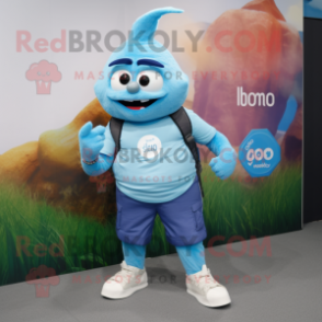 Sky Blue Onion mascot costume character dressed with a Cargo Shorts and Smartwatches