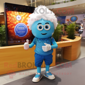 Sky Blue Onion mascot costume character dressed with a Cargo Shorts and Smartwatches