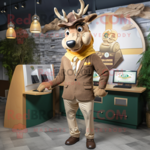 Beige Irish Elk mascot costume character dressed with a Suit Jacket and Coin purses