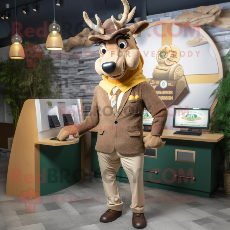 Beige Irish Elk mascot costume character dressed with a Suit Jacket and Coin purses Beige Irish Elk mascot costume character dressed with a Suit Jacket and Coin purses