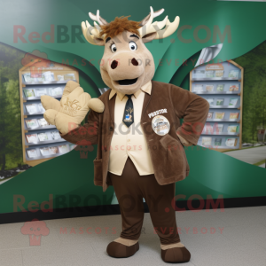 Beige Irish Elk mascot costume character dressed with a Suit Jacket and Coin purses