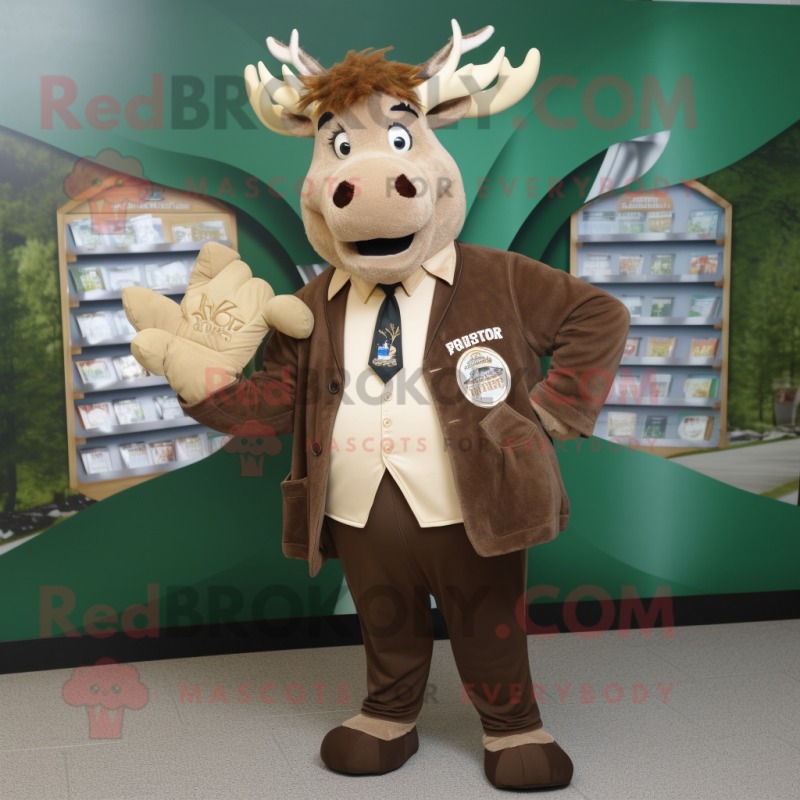 Beige Irish Elk mascot costume character dressed with a Suit Jacket and Coin purses Beige Irish Elk mascot costume character dressed with a Suit Jacket and Coin purses