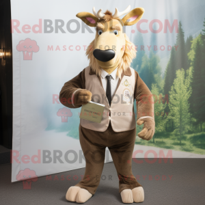 Beige Irish Elk mascot costume character dressed with a Suit Jacket and Coin purses