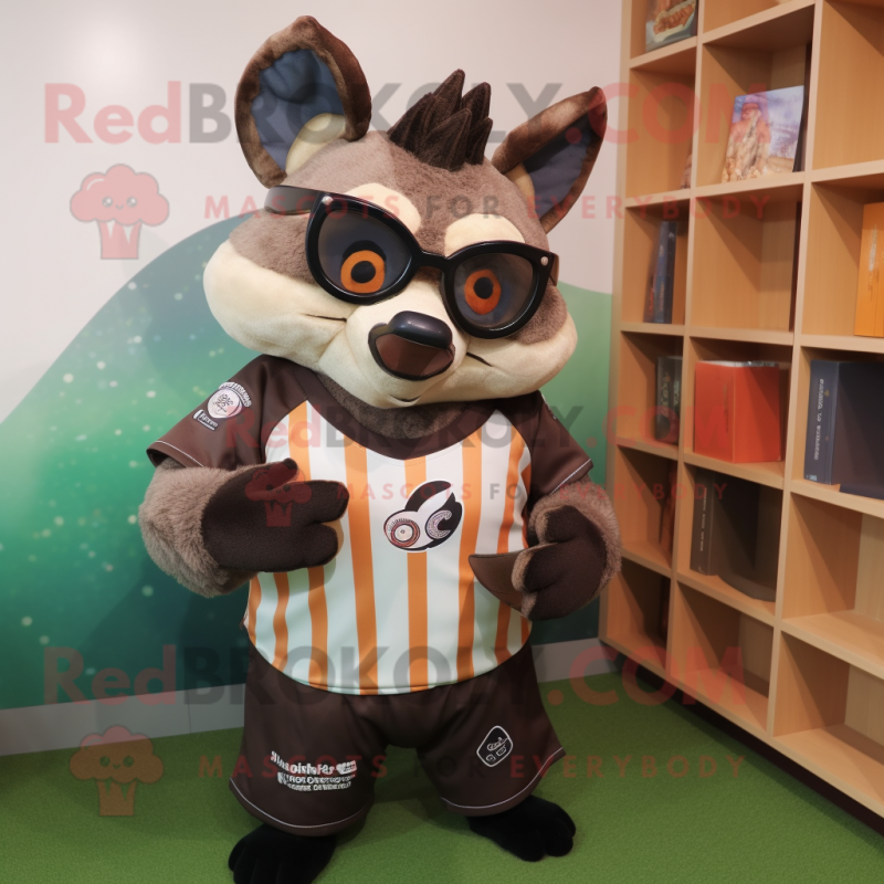 Brown Bat mascot costume character dressed with a Rugby Shirt and Reading glasses