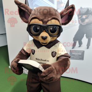 Brown Bat mascot costume character dressed with a Rugby Shirt and Reading glasses