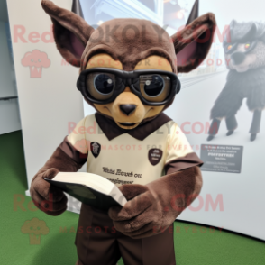 Brown Bat mascot costume character dressed with a Rugby Shirt and Reading glasses