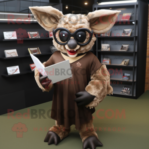 Brown Bat mascot costume character dressed with a Rugby Shirt and Reading glasses