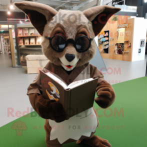 Brown Bat mascot costume character dressed with a Rugby Shirt and Reading glasses