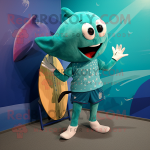 Teal Stingray mascot costume character dressed with a Board Shorts and Hairpins