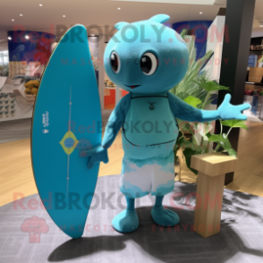 Teal Stingray mascot costume character dressed with a Board Shorts and Hairpins