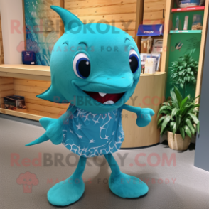 Teal Stingray mascot costume character dressed with a Board Shorts and Hairpins