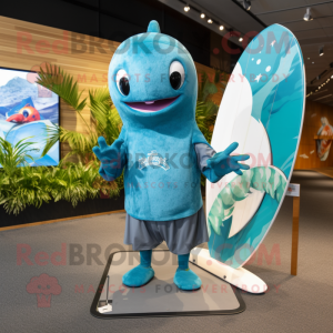 Teal Stingray mascot costume character dressed with a Board Shorts and Hairpins