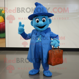 Blue Spinach mascot costume character dressed with a Culottes and Wallets