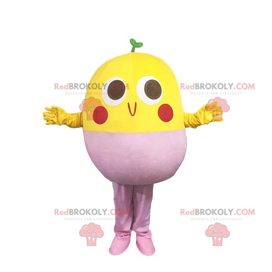 Mascota pájaro amarillo y rosa, traje de soja - Redbrokoly.com