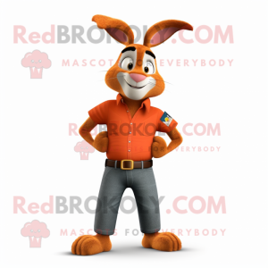 Orange Wild Rabbit mascot costume character dressed with a Henley Shirt and Belts