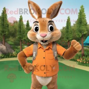 Orange Wild Rabbit mascot costume character dressed with a Henley Shirt and Belts