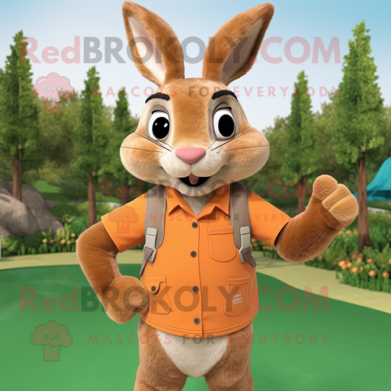 Orange Wild Rabbit mascot costume character dressed with a Henley Shirt and Belts
