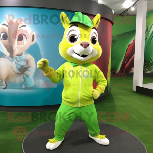 Lime Green Chipmunk mascot costume character dressed with a Joggers and Earrings