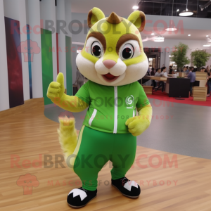 Lime Green Chipmunk mascot costume character dressed with a Joggers and Earrings