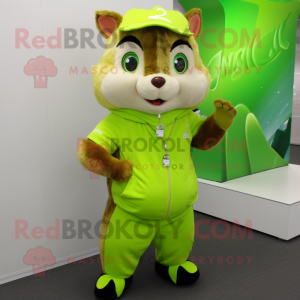 Lime Green Chipmunk mascot costume character dressed with a Joggers and Earrings