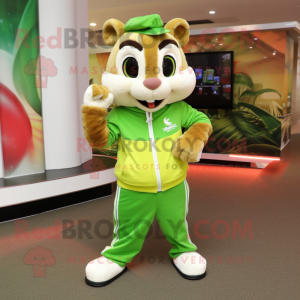 Lime Green Chipmunk mascot costume character dressed with a Joggers and Earrings