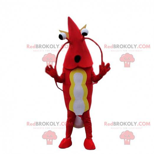Mascote camarão vermelho e branco, fantasia de lagosta -